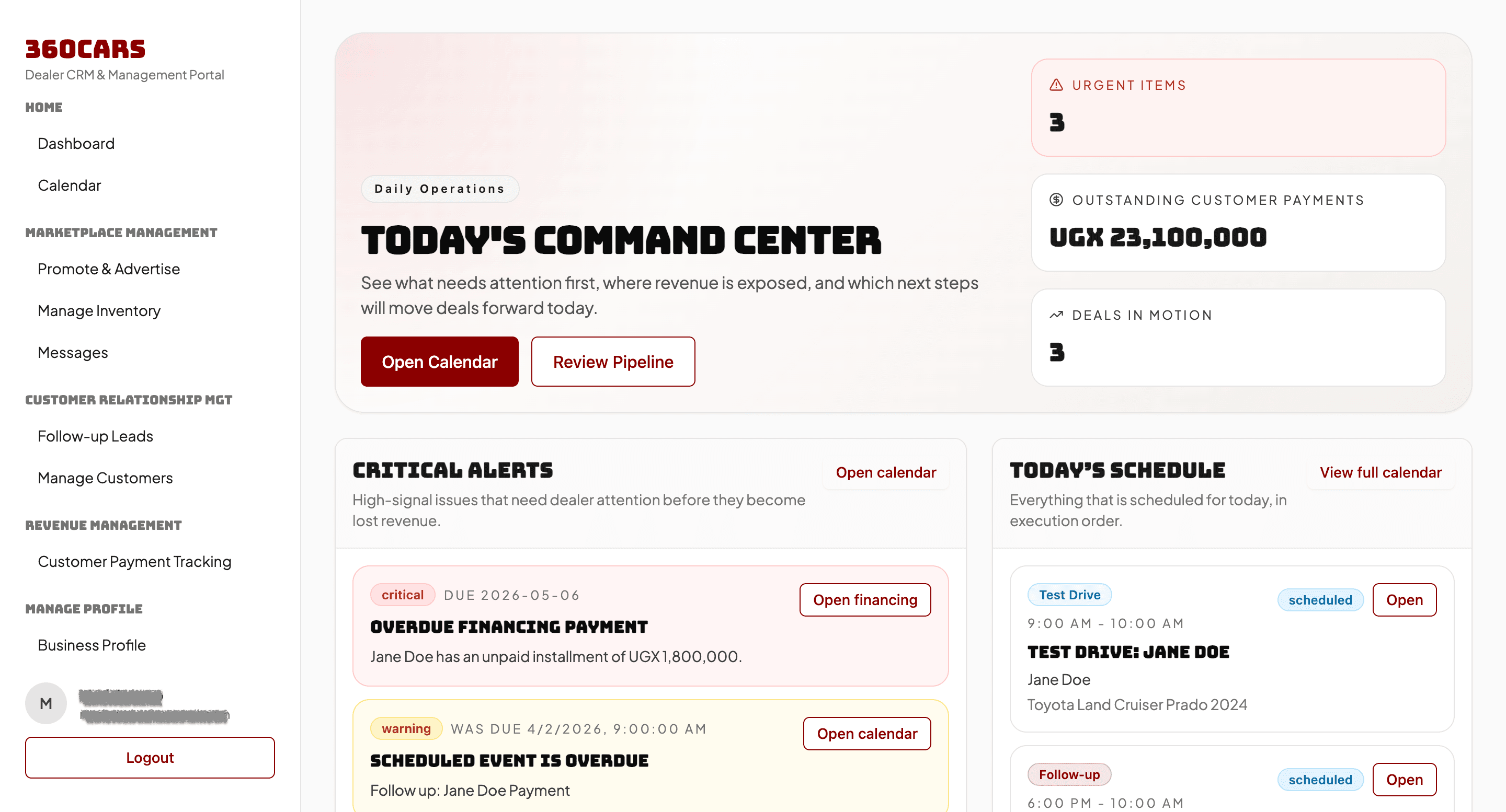360Cars CRM command center preview