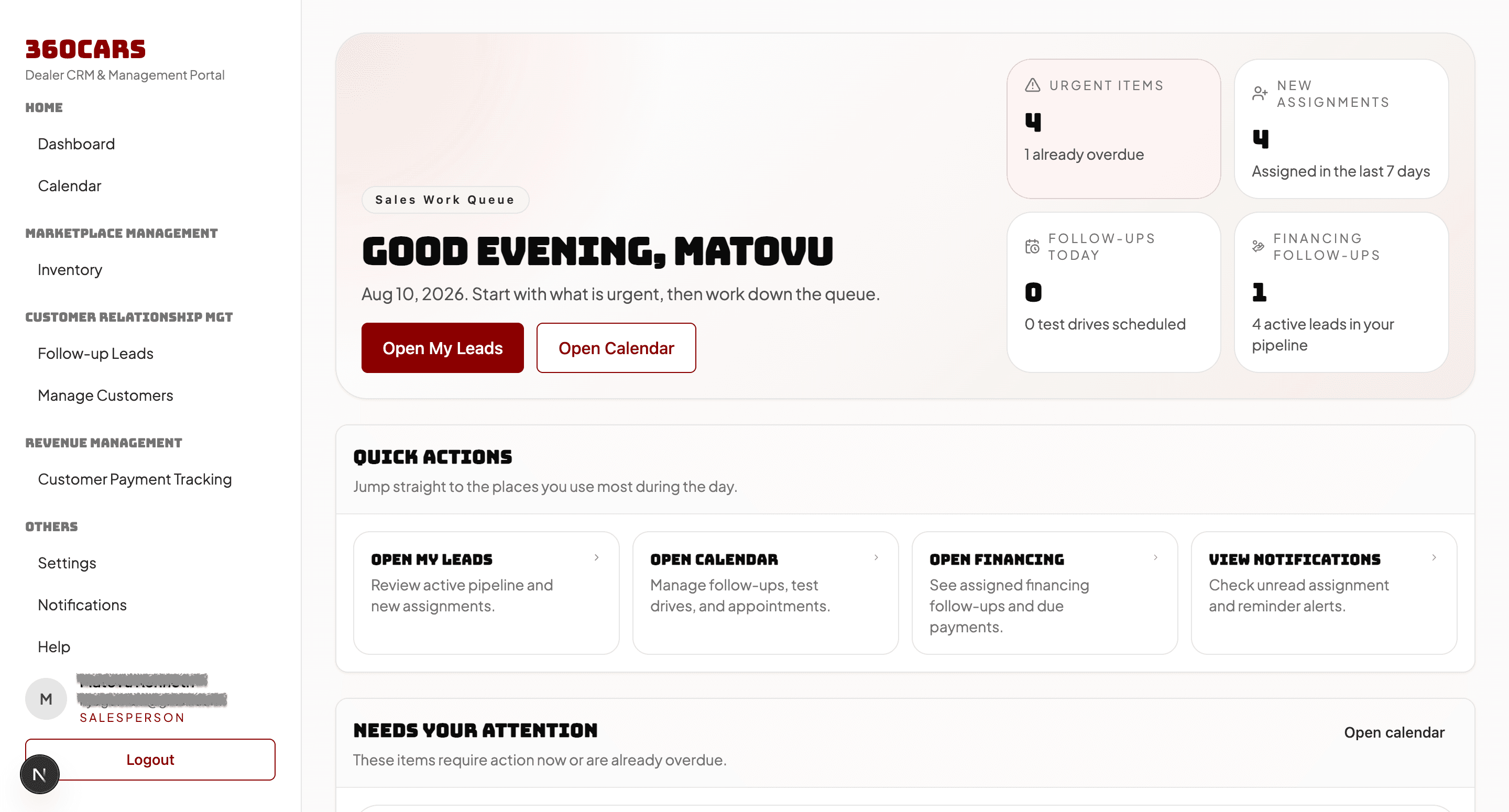 360Cars salesperson dashboard showing assigned leads, schedule and follow-up tasks